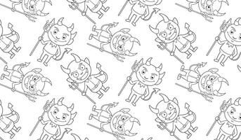 Rotating whimsical devil cartoon pattern for Halloween, wrapping paper, textile patterns, festive web design. vector