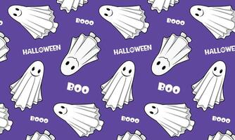 Halloween ghost pattern with BOO text and Halloween label, for holiday-themed products, banners, wrapping paper vector