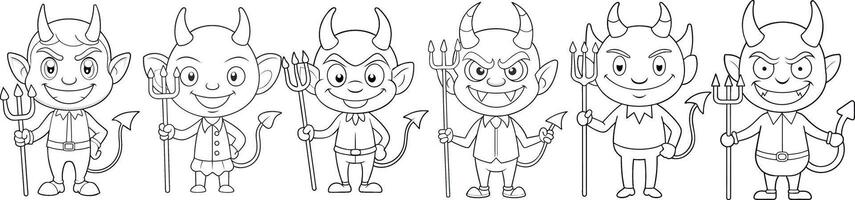 Set of devil cartoon characters holding pitchforks, Black and white set, for Halloween party invitations, web icons, and stickers vector