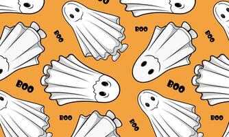 Halloween ghost pattern with BOO text on orange background, for holiday-themed products, gift wrap, event materials vector