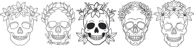 Set Artistic and colorful skull adorned with floral designs showcasing creativity and life vector