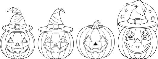 Collection of four pumpkins with different witch hats, for Halloween-themed icons, stickers, event branding vector