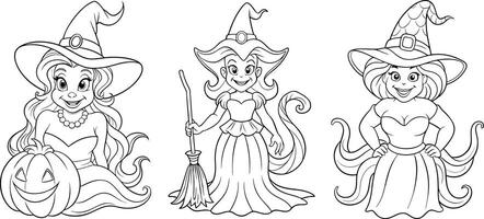Set of three witches in playful, detailed costumes with hats and brooms, line art, for Halloween event flyers, banners, textile design, coloring page vector