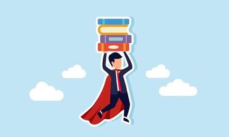 A super businessman flying while lifting a stack of books, illustration of a successful entrepreneur boosting business performance by completing numerous projects vector