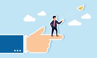 A hand pointing with a businessman flying a paper airplane at the fingertip, illustration of demonstrating how to execute business and marketing strategies vector