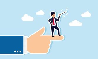 A hand pointing with a businessman holding a stick and a tuning fork at the fingertip, illustration of showcasing performance and art in leadership and management vector