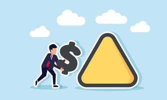 A businessman carrying a dollar sign approaching a triangular warning sign, illustration of caution and awareness about the declining value of the dollar vector