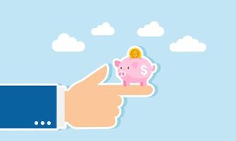 A hand pointing with a piggy bank at the fingertip, illustration of showcasing the results of an investment vector