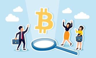 Businesspeople celebrating a bitcoin sign highlighted by light from a magnifying glass, illustration of results from the analysis of increasing bitcoin valuation vector