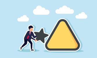 A businessman carrying a star sign approaching a triangular warning sign, illustration of caution and attention to business ratings at risk of declining quality vector