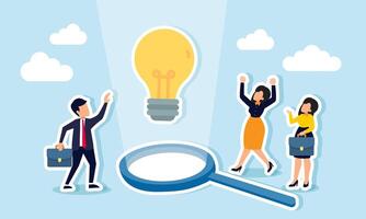 Businesspeople celebrating a lightbulb highlighted by light from a magnifying glass, illustration of results from the analysis of successful innovation and idea implementation for business growth vector