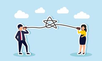 A businessman and businesswoman talking through a traditional device with a cord forming a star, illustration of sharing or communication about business ratings and quality vector