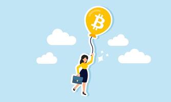 A businesswoman hanging from the rope of a balloon labeled bitcoin, illustration of dependence on bitcoin assets without diversification into other assets vector