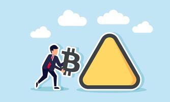 A businessman carrying a bitcoin sign approaching a triangular warning sign, illustration of caution and awareness about the declining value of bitcoin vector