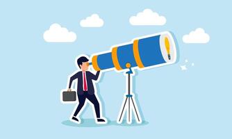 A businessman looking through a telescope at a light, illustration of monitoring and evaluating ideas and innovations relevant to business and target market development vector