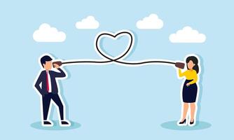 A businessman and businesswoman talking through a traditional device with a cord forming a heart, illustration of sharing or communication about engagement vector