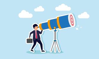 A businessman looking through a telescope at a target board, illustration of monitoring and evaluating the defined business targets vector