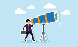 A businessman looking through a telescope at a dollar sign, illustration of monitoring and evaluating dollar valuation movements vector