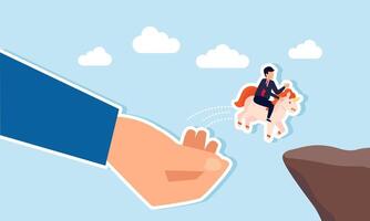 A hand helping a businessman riding a unicorn jump over a gap, illustration of investor assistance in sustaining a unicorn business vector