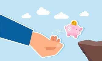 A hand helping a piggy bank jump over a gap, illustration of third-party assistance in saving business investments vector