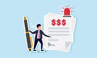 A businessman standing with a pen next to an alarmed dollar payment paper, illustration of approval in settling bills that burden the company vector