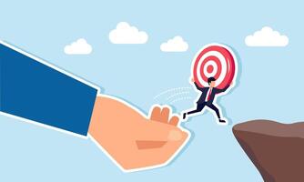 A hand helping a businessman carrying a target board jump over a gap, illustration of third-party assistance in achieving predetermined business targets vector