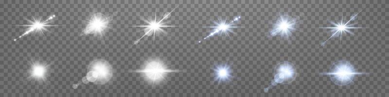 White and blue lens flares set. Sun flash with rays or spotlight and bokeh. Glow flare light effect. vector