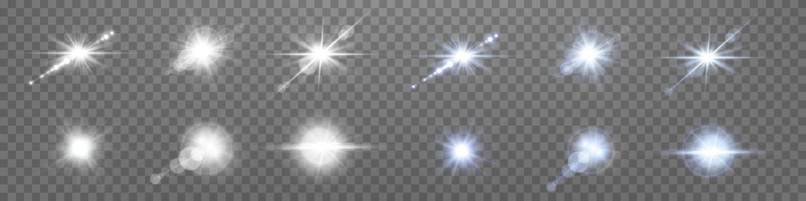 White and blue lens flares set. Sun flash with rays or spotlight and bokeh. Glow flare light effect.