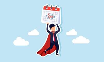 A super businessman flying while holding a schedule calendar, illustration of a successful entrepreneur enhancing business performance by completing tasks on time vector