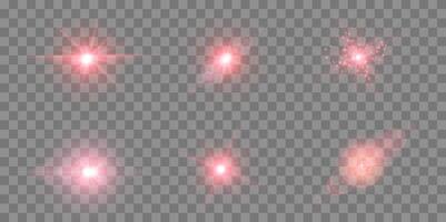 Red lens flares set. Sun flash with rays spotlight and bokeh. Red glow flare light effect. vector