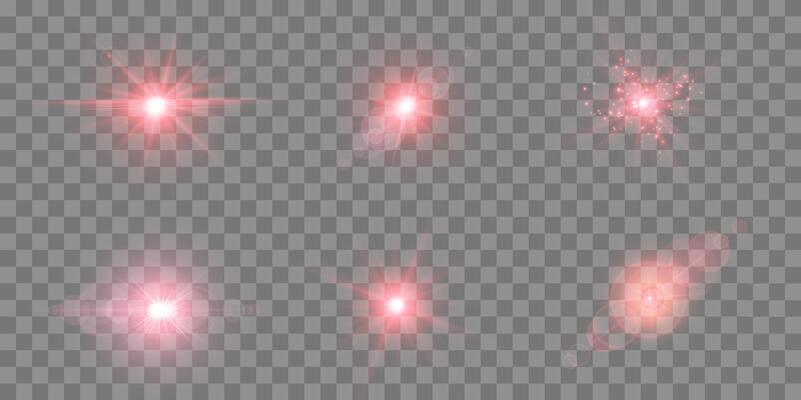 Red lens flares set. Sun flash with rays spotlight and bokeh. Red glow flare light effect.