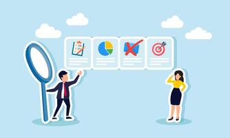 A businessman and a businesswoman standing next to item choices about business management, marked on the email section, illustration of disagreement in email systems vector