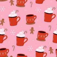 Seamless Christmas pattern with red mugs with winter drinks. graphics. vector
