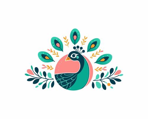 A colorful peacock with leaves and flowers