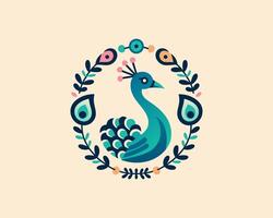 A colorful peacock in a floral frame vector