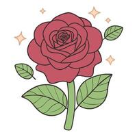 Stylized red rose with green leaves and golden sparkles in illustration vector