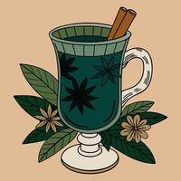 Vintage mulled wine illustration with cinnamon and star anise on rustic background vector