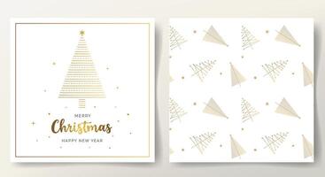 Minimalistic xmas template. Simple merry Christmas card and seamless pattern with golden Christmas tree, lettering. vector