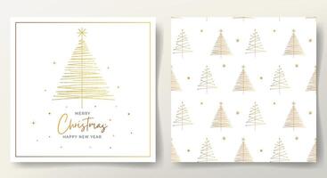 Simple merry Christmas card and seamless pattern with golden Christmas tree, lettering. Minimalistic xmas template. vector