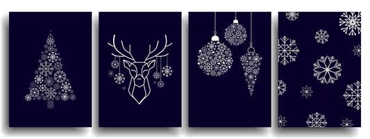 Merry Christmas and Happy New Year of greeting cards,posters, holiday covers with deer abstract fir trees and snowflakes pattern in modern line art style set.Xmas Design on dark blue background. vector