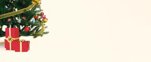 Christmas background with christmas tree, red gift boxes and copy space for banner design. 3d new year concept render illustration, banner or header. photo