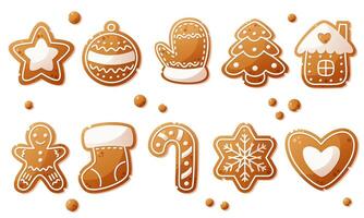 Large set of gingerbread cookies of different shapes. Christmas gingerbread, New Year cookies. Cookies are decorated with white icing on a classic golden brown gingerbread base. illustration. vector