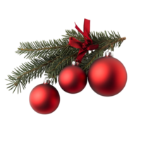 Three red christmas balls on a branch with a red ribbon png
