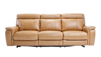 Tan leather reclining sofa with plush cushions and modern design png