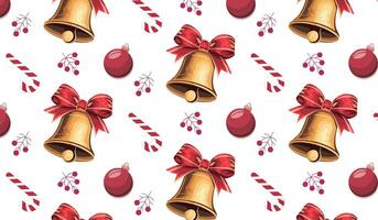 Repeating pattern with golden bells, candy canes, and ornaments, for holiday decorations or wrapping paper vector