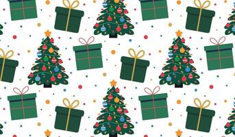 Christmas trees and gifts pattern, for holiday wrapping paper or web backgrounds. Vibrant colors and festive style vector