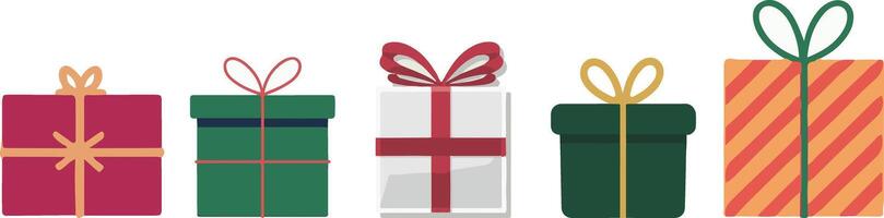 A set of five gift boxes with colorful ribbons, for holiday patterns, digital cards, web design elements. vector