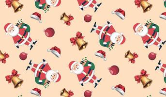 Festive repeating pattern with Santa Claus, bells, ornaments, for Christmas-themed textile prints or web backgrounds vector