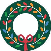 Colorful Christmas wreath with multicolored lights and a red bow. For holiday-themed designs, web icons, textile patterns. vector