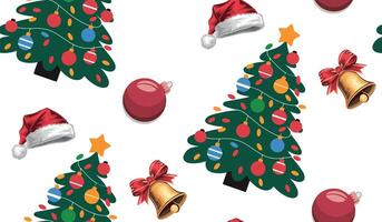 Holiday-themed pattern with Christmas trees, Santa hats, red ornaments, for festive wrapping paper or web backgrounds vector